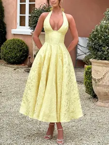 Elegant V-Neck Halter Floral Jacquard Evening Dress - Backless Sleeveless A-Line Gown With Waist Accent For Women Lightweight Breathable Fabric Formal Wear