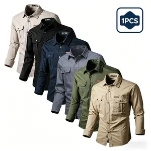 Single piece: men’s stylish minimalist collared long-sleeve shirt; casual button-up shirt jacket with two pockets; suitable for everyday wear and outdoor leisure,Summervibes