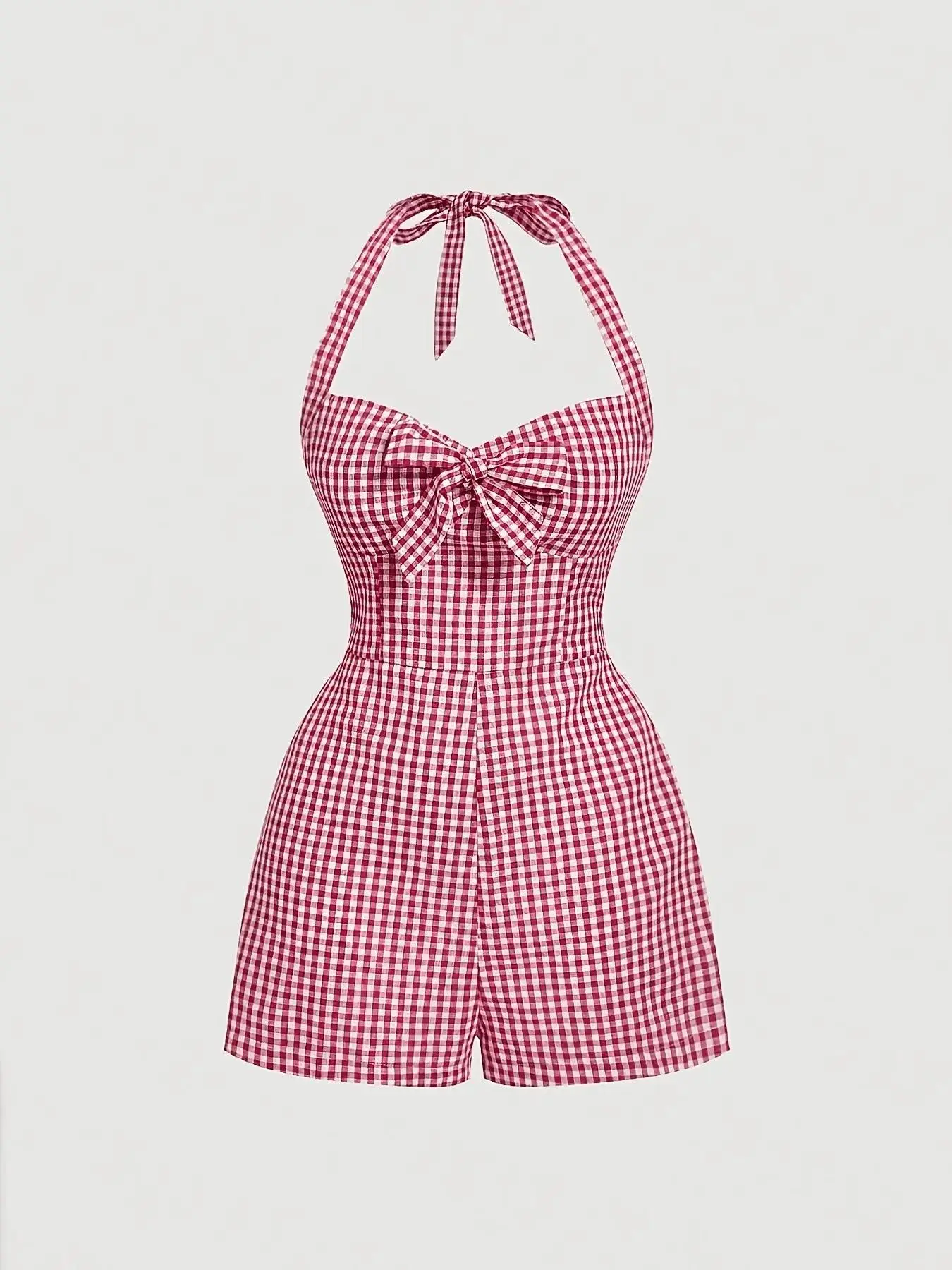 Women's Cute Plaid Halter Neck Tie Front Romper, Chic Overalls, Sleeveless, Casual Summer, High Waist Slim Fit, Sweet Cool Aesthetic Elegant Style, Retro American Vintage, Beachwear timeless viral style
