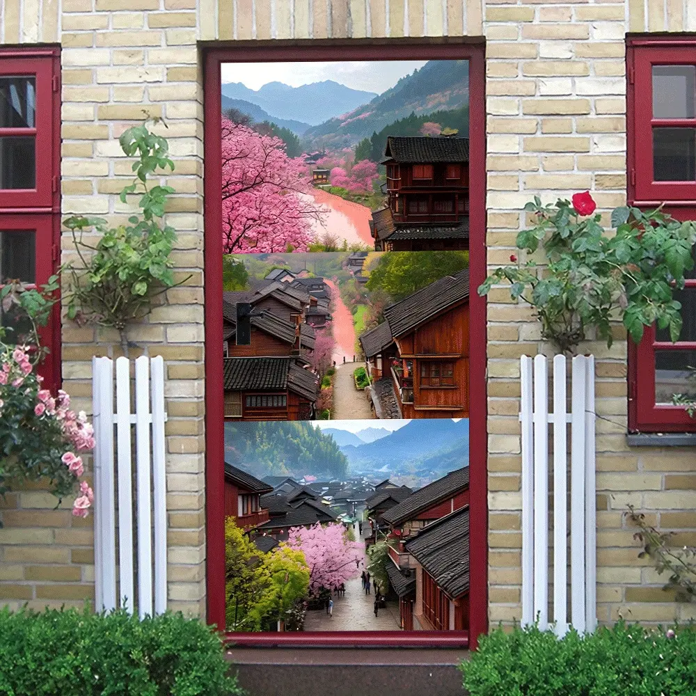 2pcs Japanese Style Landscape Cherry Blossom Town Wall Stickers Chinese Ancient Architecture Scenery Decals Removable Self Adhesive Wall Decor for Living Room Bedroom Japanese Style Landscape Cherry Blos