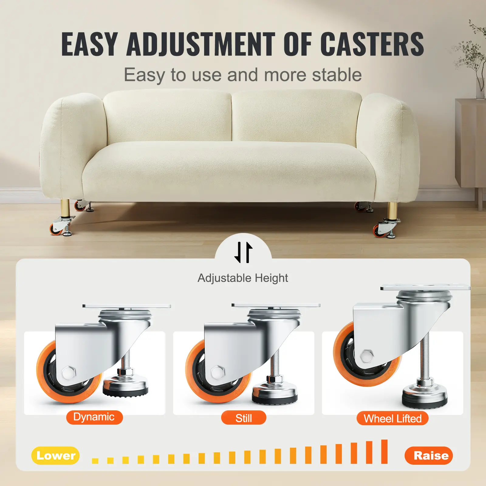 VEVOR Leveling Casters, Set of 4, 720 lbs Total Load Capacity, 3 inches Diameter, Heavy Duty 360 Degree Swivel Caster Wheels, Adjustable Casters with Feet for Workbench, Machine, Equipment, Furniture