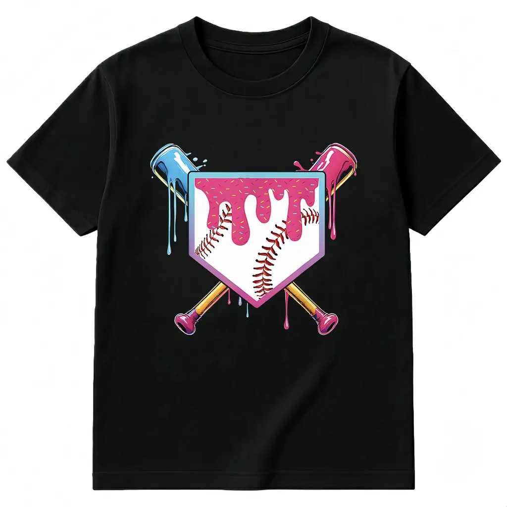 Baseball Theme Cotton Graphic T-Shirt for Men, Melting Donut Sports Motif, Casual Streetwear, Game Day Outfit