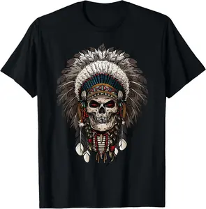 100% Cotton skull Chief Indian Tribal Headdre gifts for lover Indigenous T-Shirt