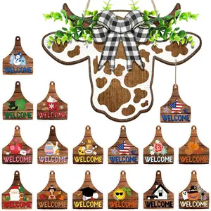 16 count Cow Decor Welcome Sign Wooden Cow  Door Wreath Sign with Buffalo Plaid Bow Interchangeable  Ornaments for Christmas Farmhouse  Front, 16.5 x 12 Inch