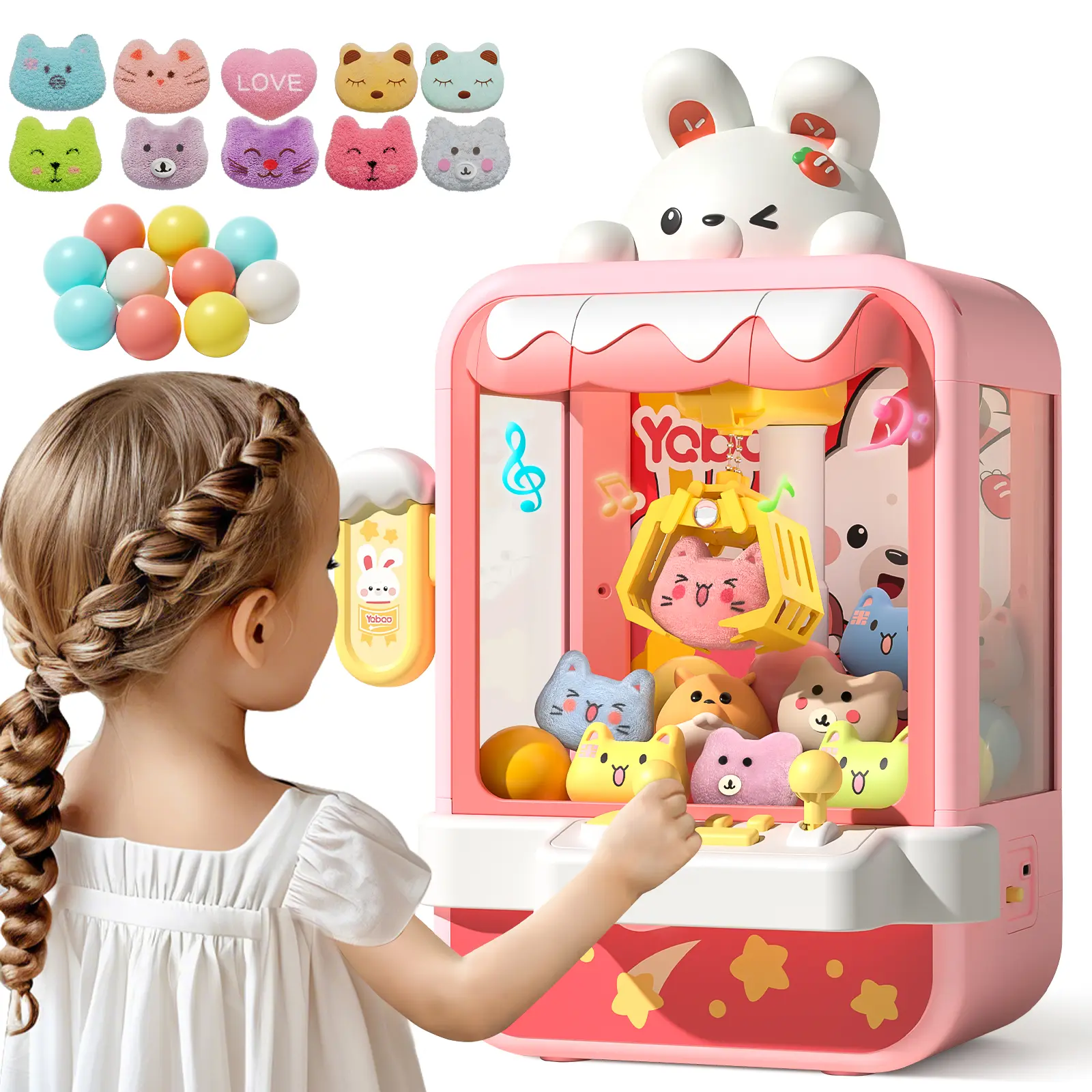 Cute Rabbit Electronic Arcade Claw Machine - Grabber Prize Dispenser Toy with Sound Feature, 3-9 Years Toddler Toys, Home Party Birthday Toddler Gifts Including 10 Plushies & 10 Balls
