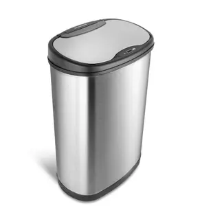 Ninestars 13 Gallon Oval Automatic Trash Can, 50L Touchless Motion Sensor Garbage Can with Odor-Sealing Lid & One-Touch Manual Mode, Silver Stainless Steel, Black Trim