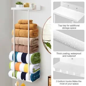 Wall-Mounted Towel Rack & Holder - Rust-Resistant Bathroom Organizer with No Drill Installation, Space-Saving Design for Kitchen, Laundry Room, Retractable Height Metal Towel Rack with Reliable Hooks in Small Bathroom