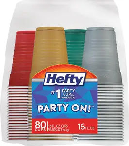 Hefty Party On Disposable Plastic Party Cups, 80 Count, 16 Oz Cups in Assorted Colors for Gatherings, Parties, and More, Textured Sides for Easy Gripping, Strong and Durable