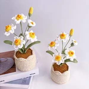 Crochet Flowers in Pot, Crochet Daffodil Pot, White Flower Bouquet for Desk Decor, Birthday Gifts for Friends, Mom, Teacher, Girlfriend, Home Decor