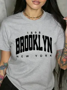 Women's Crew Neck Short Sleeve Tee Brooklyn New York 1898 Vintage Collegiate Text Print Multiple Colors Available Oversized Flattering Fit Soft Breathable Cotton Blend Washable No Shrink No Fade All-Season Versatile Casual Tee
