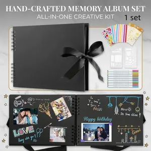 DIY Scrapbook Photo Album Set, Black Spiral-Bound Memory Book with Stickers, Stencils & Pens, Handcrafted Kit for Weddings, Travel & Keepsakes
