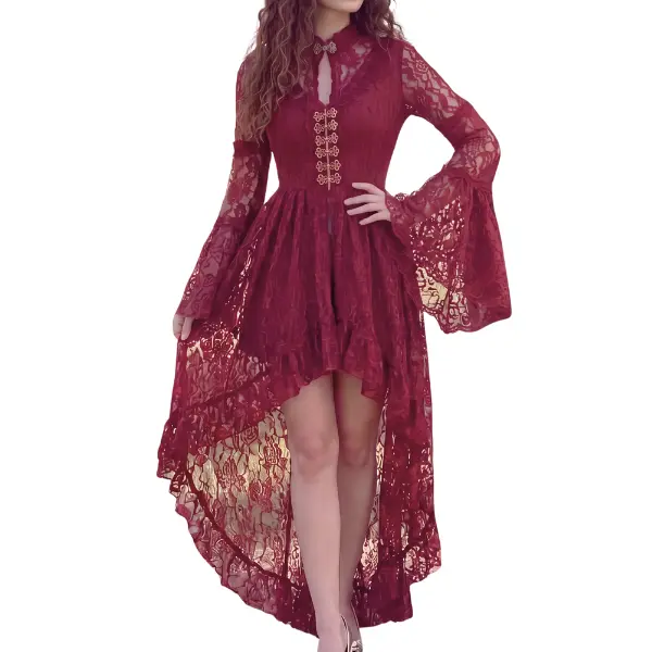 Renaissance Dress for Women Gothic Lace Halloween Costume Bell Sleeve Wine Red Outfit for Ren Faire Witchy Gift for Her