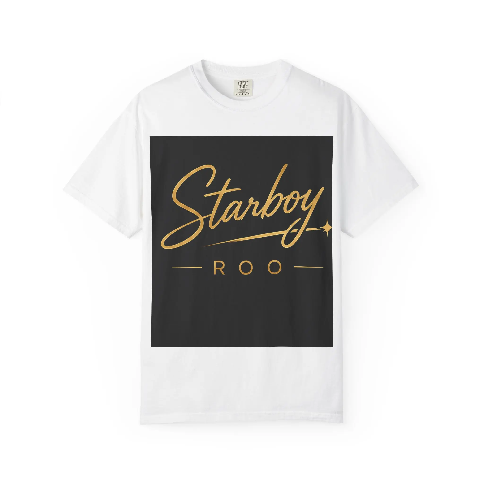 Starboy Roo script logo T-Shirt | gold lettering, black square design
