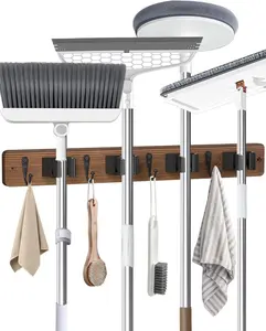 Broom Holder Wall Mounted, 4 Holders and 4 Hooks Mop Holder, Wooden Mop and Broom Holder with anti Slip Rubber, Natural Pine Wood Brush Holder, Mop Wall Holde with Nail Installation, Room Storage AceMining