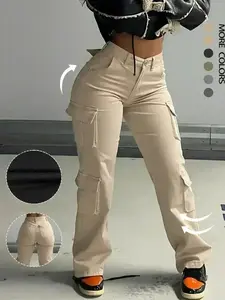 Women's Plain High-Waisted Cargo Pants with Pockets and Drawstring, Fashion Y2K K-Pop Style Streetwear Trousers for Daily Wear, Ladies' Baggy Fall & Winter, Comfort, Versatile, Outfit, Essential, Trendy