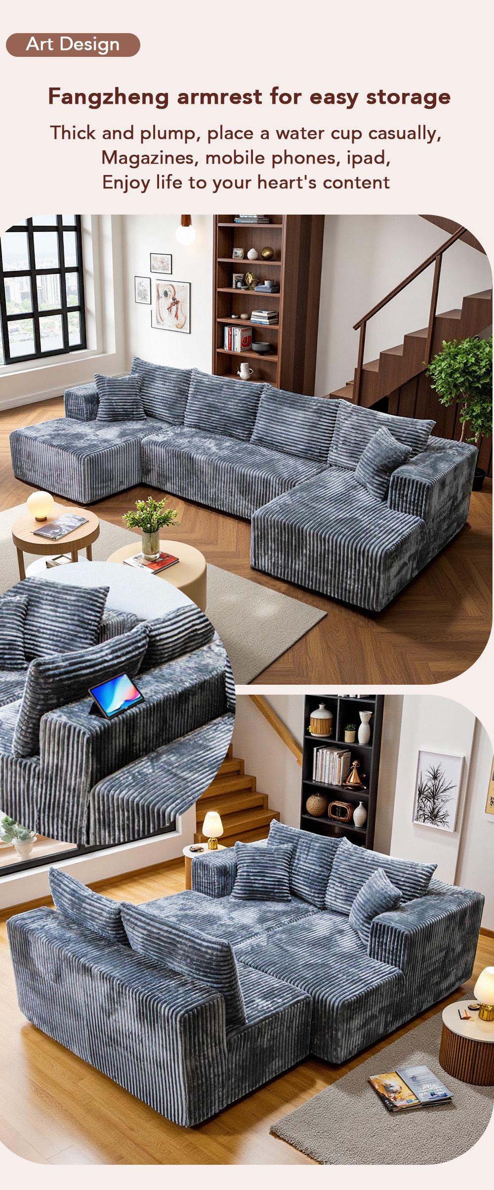 [Delivery of 3 items] [4 free throw pillows] 132-inch U-shaped modular modular sofa bed, textured cotton fabric material, suitable for living room, featuring a soft velvet fabric and deep seat design of convertible textured modular sofa bed