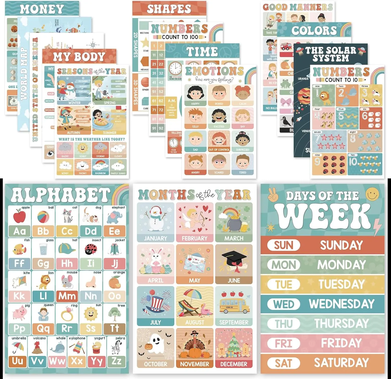 Hartsellshop | 16 Modern Groovy Educational Posters for Preschoolers ,Laminated Pre-K Kindergarten Learning Charts for Toddlers 1-3-5 Homeschool Classroom Decor Kids Walls Teaching Supplies