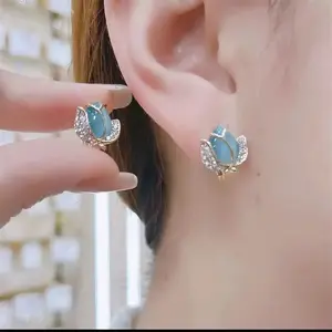 Shiny high-end tulip earrings for women,  DDES0298 exquisite cat's eye stone, light luxury sterling silver studs, simple and versatile, elegant earrings 14K Gold-Plated