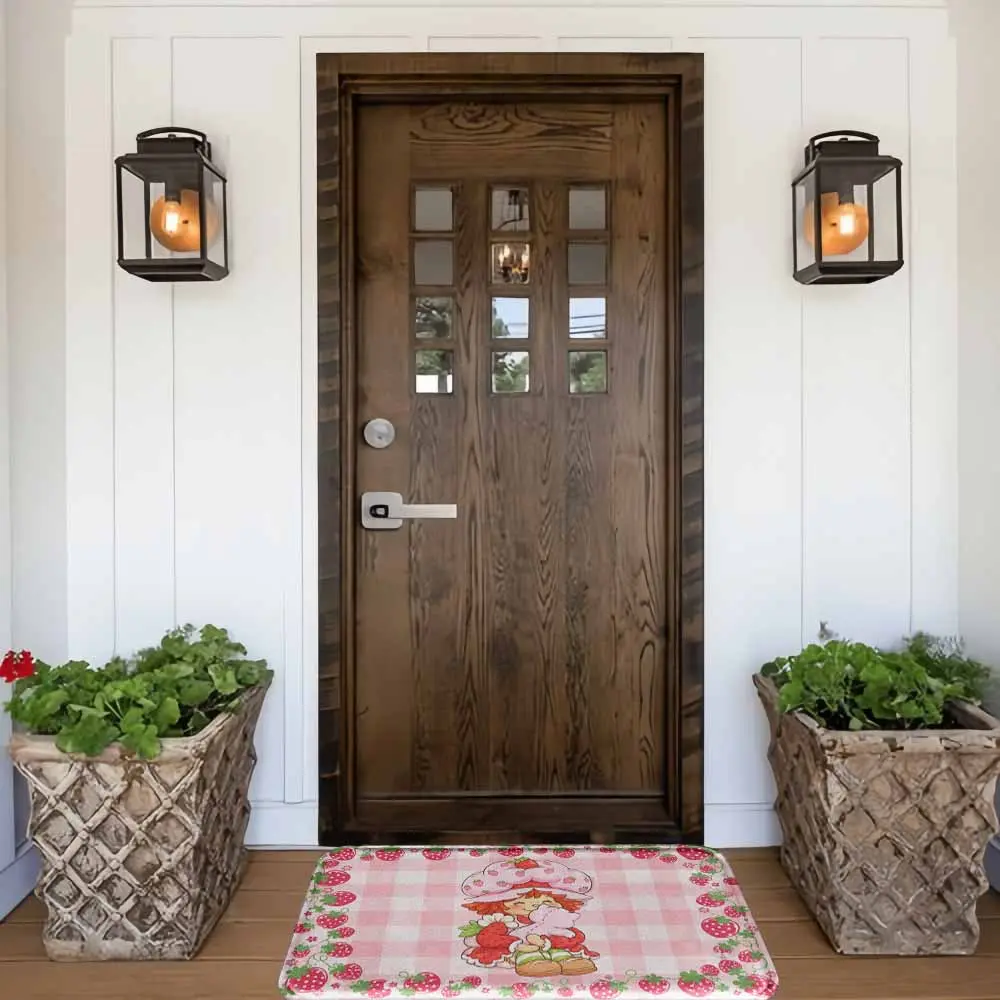 Strawberry-Plaid Print 1-Piece Polyester-Rubber Floor Mat - Soft Fabric, Water Resistant, Anti-Slip Grip, Durable, Absorbent, Machine-Washable, Do Not Bleach, Multi-Size Farmhouse Decorative Rug for Entryway Bath, Bedroom