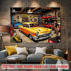 2D Flat Banner, 1pc Vintage American Garage Scene Backdrop for Car-Themed Birthday Party, Featuring Classic Cars, Industrial Lights, Retro Signs, Ideal for Celebrations, Made of Durable Polyester