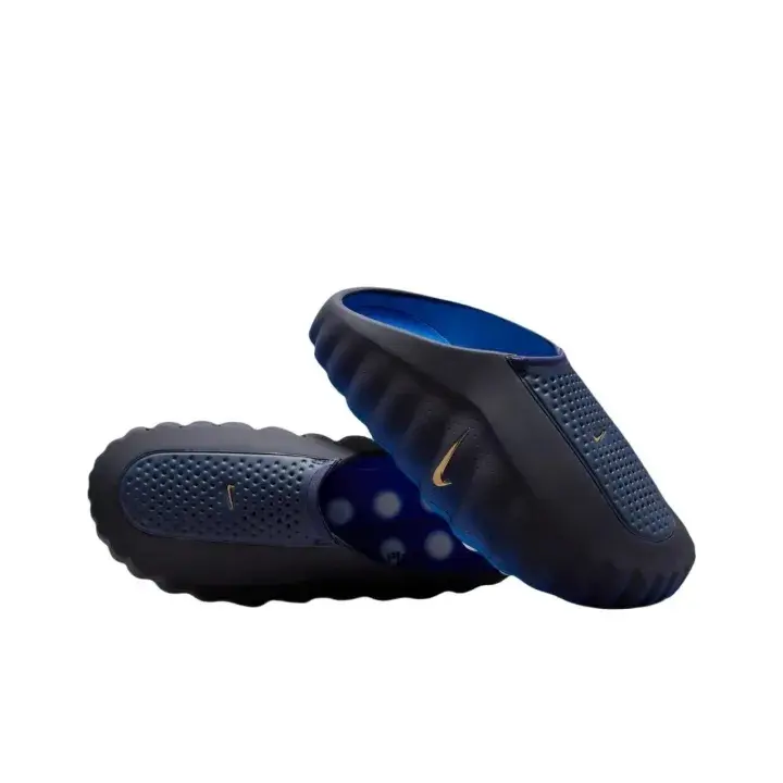 Navy Slides With Gold Accents & Wavy Closed-toe Design, Perforated Breathable Cushioned Luxury-styled Casual Slippers for Indoor and Outdoor Wear