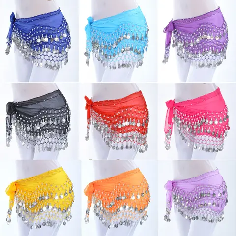 Chiffon Belly Dance Hip Scarf with 128 Silver Coins for a Jingly Loud Sound, Egyptian Style Dance Garment for Women's Practice, 140cm x 26cm, Wrap, Rayon