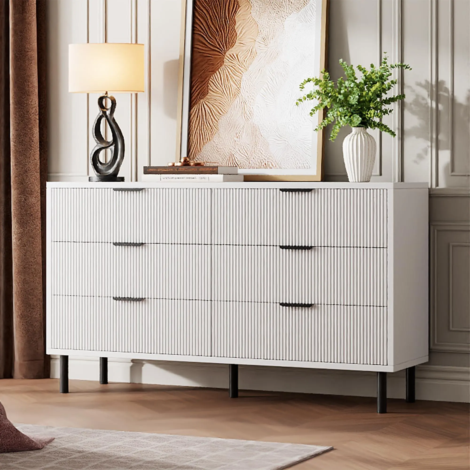 Garvee White Fluted 6 Drawer Dresser, Wide Wood Double Dresser with Metal Legs and Handles, Modern Chest of Drawers with Anti-Tipping Design for Bedroom Living Room, Hallway