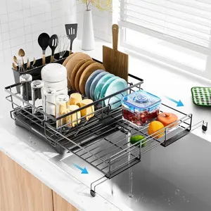 Expandable Large Capacity Rust-Proof Black Dish Drying Rack with Utensil Holder, Dish Drainer for Kitchen Counter