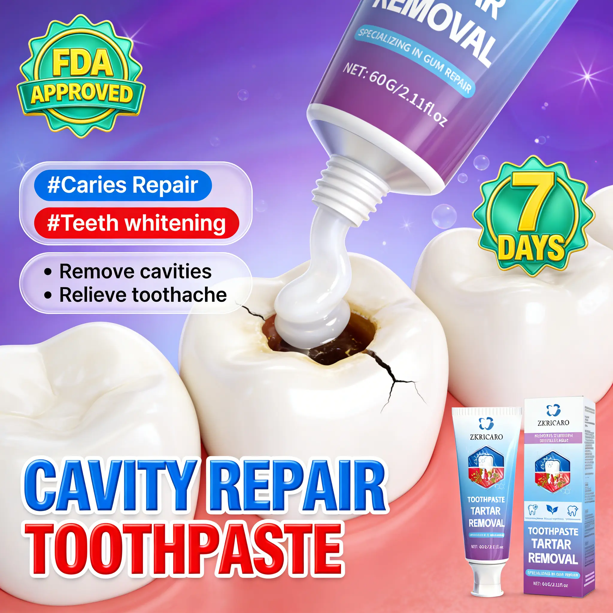 ZKRICARO Fluoride-Free Anti-Cavity Repair Toothpaste, FDA Approved, Peppermint-Chamomile-Tea Tree Formula for Tartar Removal, Enamel Regeneration, Toothache Relief, Periodontal & Gum Health, Oral Care Teeth Whitening