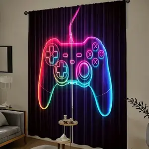 2 Piece Game Controller Design Curtains, Blue Neon Anime Video Game Decor, Breathable Polyester Fabric, Easy Hang Installation, Room Decor Curtain