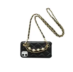 Floral Elegance Lambskin Leather iPhone Case with Pearl Hand Strap and Chain