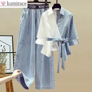 2025 Summer New Stitched Chiffon Shirt Female Set Elegant Women's Jeans Casual Blouse Two Piece Set Ladies Tracksuits Clothes Long Sleeve Matching Womenswear