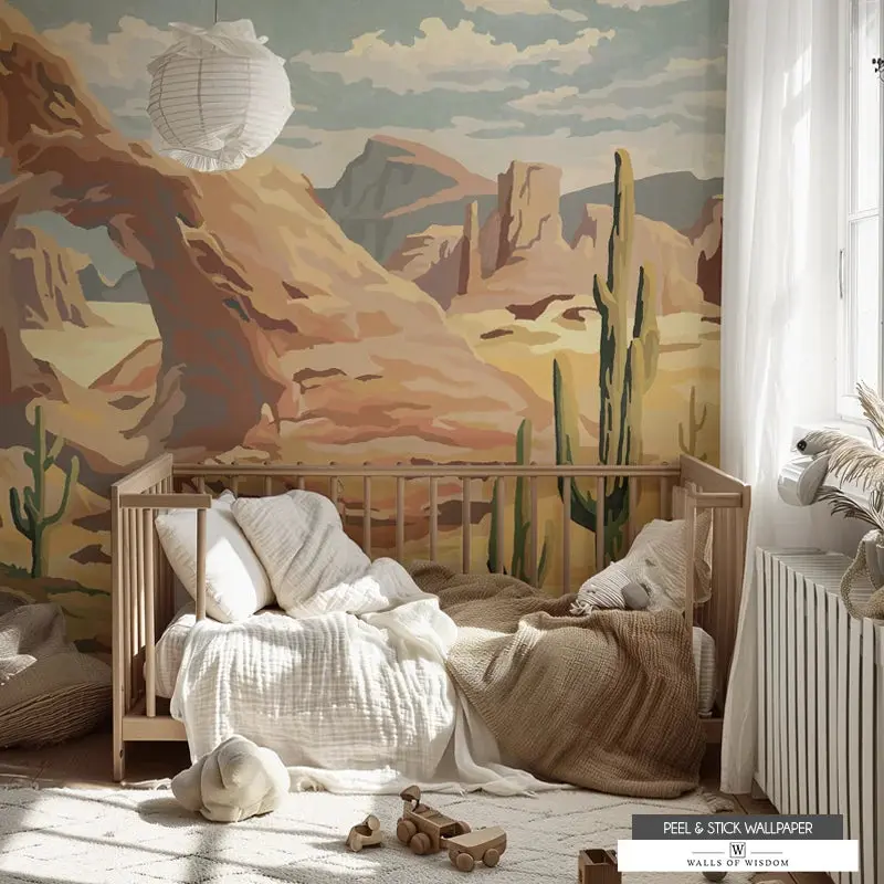 Arizona Desert Landscape Mural - Vintage Horse & Cactus Scene, Peel & Stick Wallpaper: