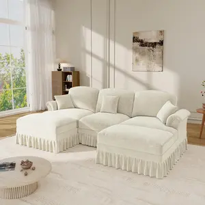 Modular Sectional Sofa Couch, Comfy Chenille Three-Seat Sofa with Removable Ruffles Pleats Skirts, Elegant Mid Century Sofa Couch, for Living Room, Bedroom (Beige+White, 107.1inch+2 ottoman)