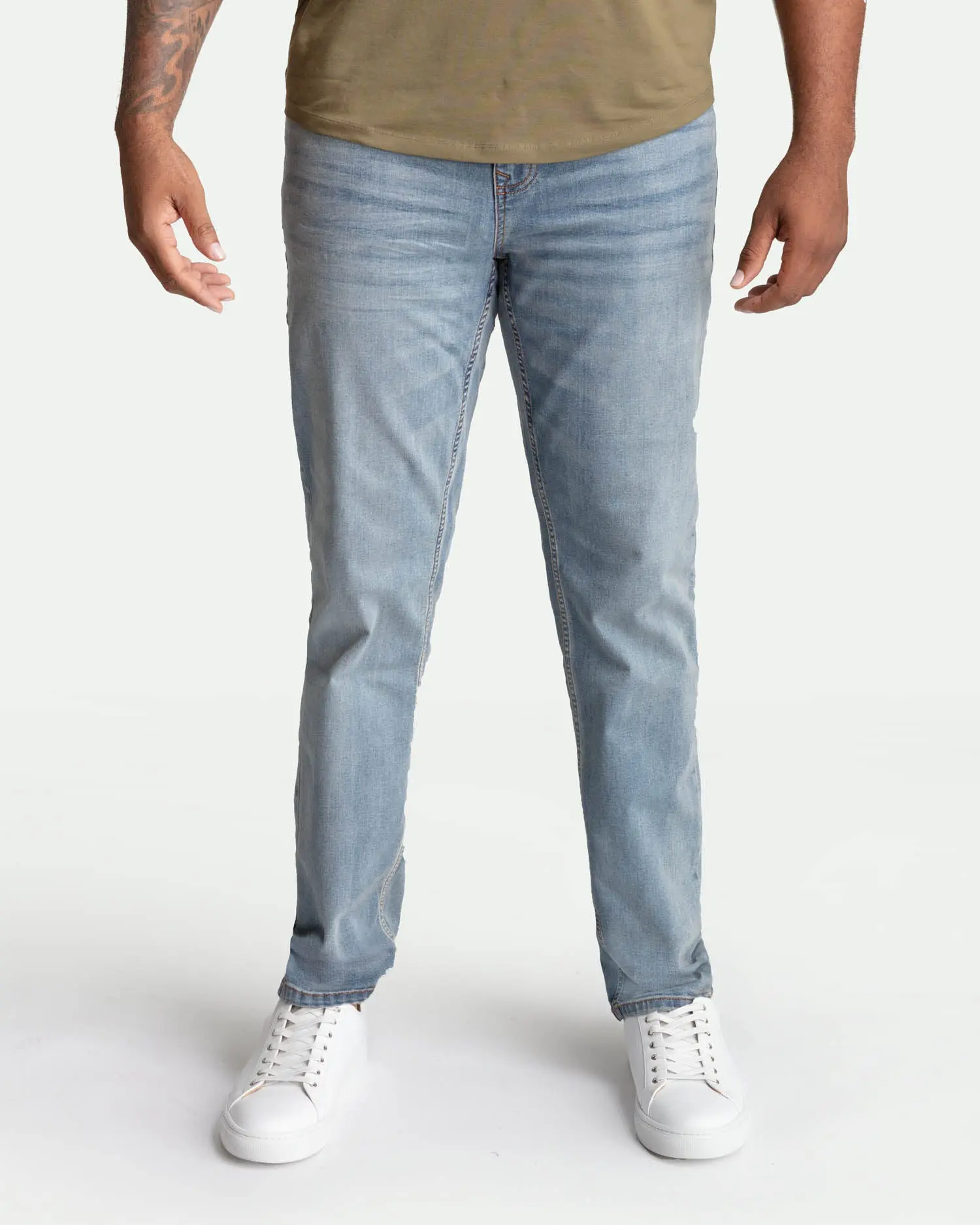 Men's Athletic Fit Jeans in Light Blue Wash, Sustainable 4-Way Stretch Denim Made From Recycled Materials, Tshirt, Shortsleeve