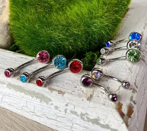 Solid Titanium Double CZ Gem Ball Belly Ring Pierced Navel Naval