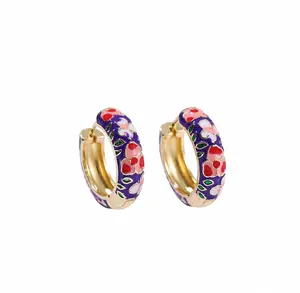 Purple Floral Enamel Hoops