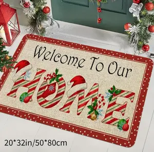 Welcome Home Christmas Doormat Holiday Prints Red Green Design Soft Polyester Machine Washable Entryway