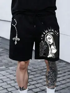 Men's Gothic Virgin Mary Graphic Streetwear Shorts | Tech-Fabric Structured Dark Aesthetic Bottoms | Vintage Cross Print Y2K Grunge Shorts for Men | Wrinkle-Free Urban Hip Hop Summer Wear