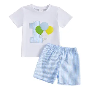 Baby Boy First Birthday Outfit Balloon Embroidered Short Sleeve T Shirt Elastic Waist Shorts 2Pcs Set One Year Old Birthday Clothes