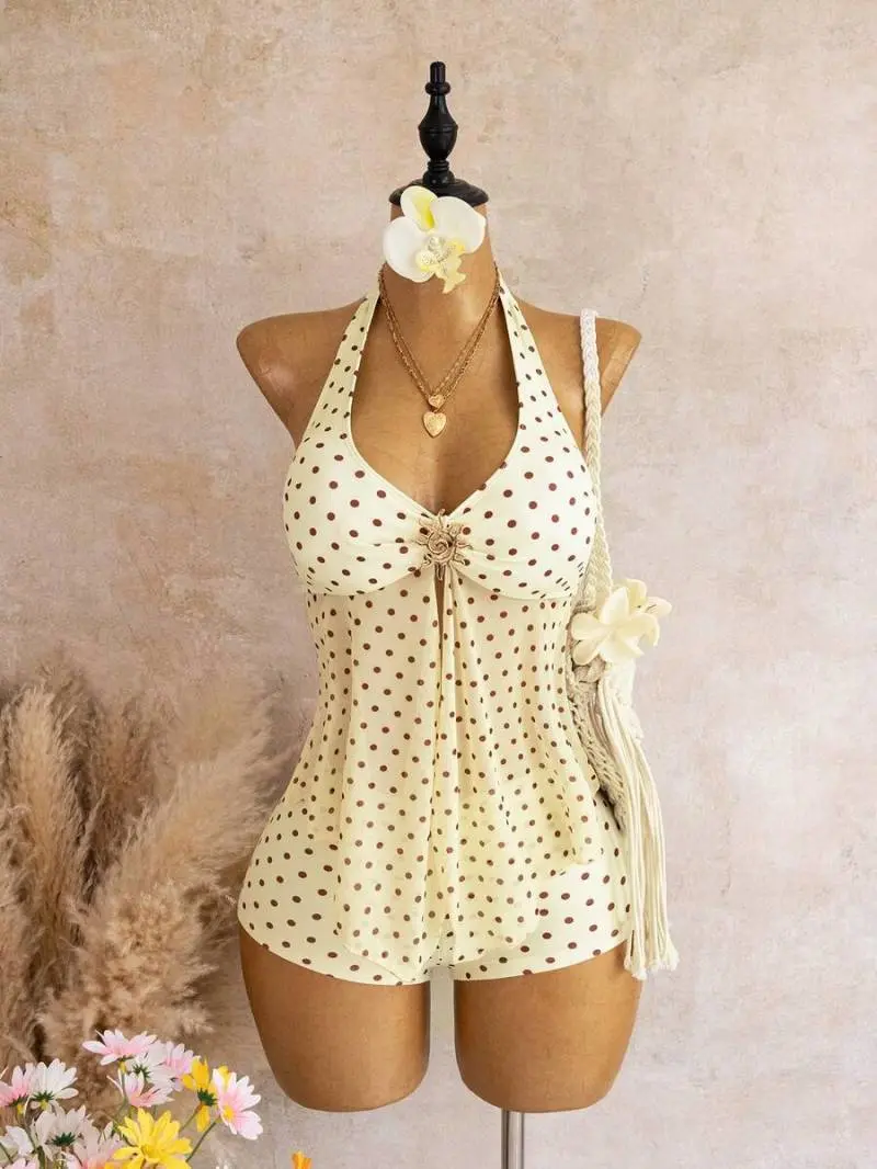 SEEMA Sea French Elegant Halter Neck Tankini Swimwear With Metal Decor And Mesh Splice, Vacation Style