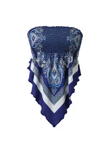 Women's Sleeveless Tube Top, Ethnic Pattern, Asymmetrical Hem, Fitted, Shirred Design, Non-Elastic Polyester Spandex Blend, Perfect for Vacation