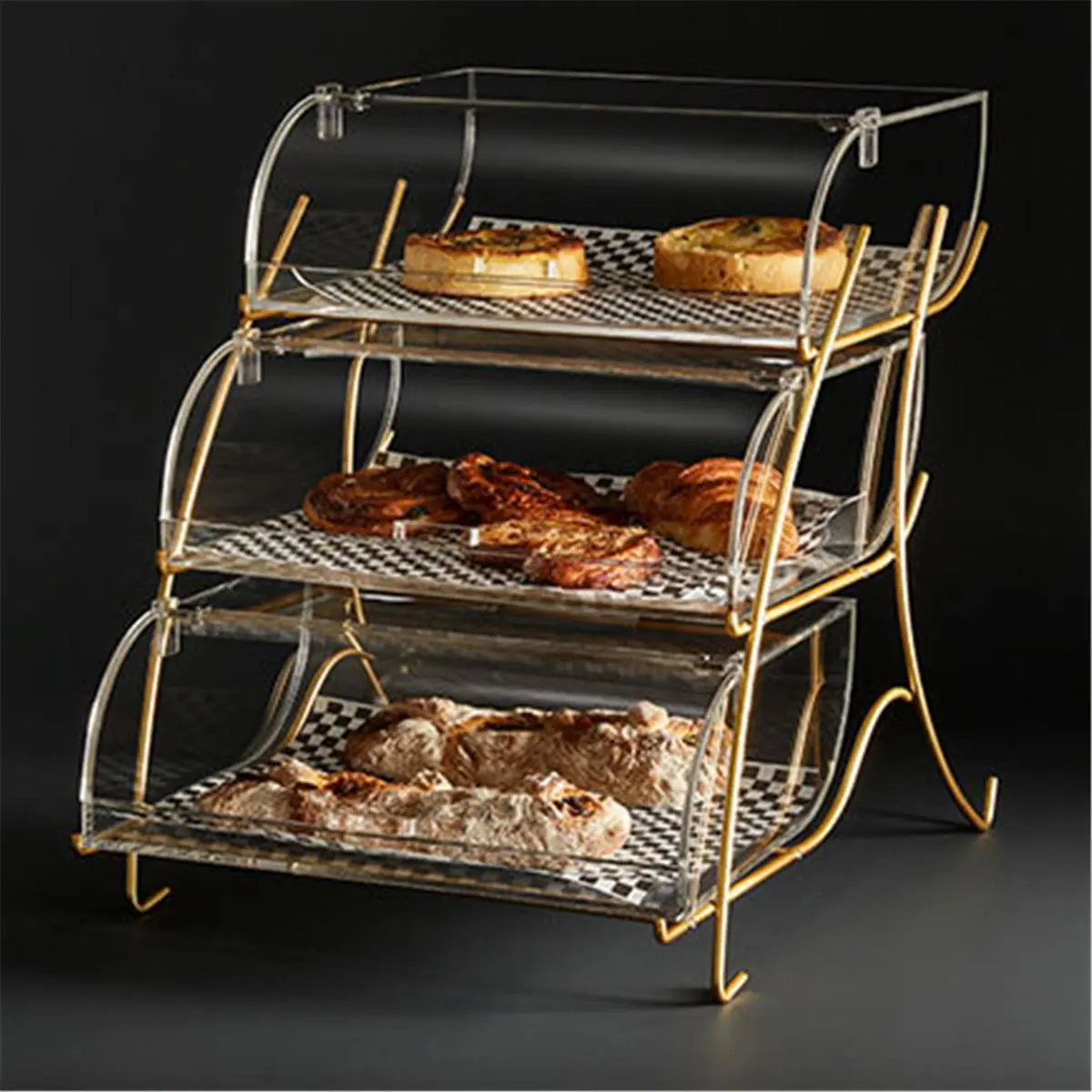 Rosseto BK021 3-Tier Clear Acrylic Bakery Display Case with Brass Metal Stand