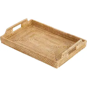 Rattan Rectangular Serving Tray with Handles, Hand-Woven Wicker Decorative Tray for Coffee Table,Vintage Boho Style Decor for Dining, Kitchen, Bathroom, Outdoor(14.4"x10.4"x1.4")