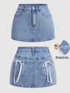 Women's A-Line Denim Mini Skirt, Pockets & Bow Tie Design, Slim Fit Elastic Fabric, Perfect for Party & Casual