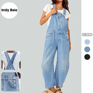 Imily Bela Womens Denim Bib Overalls Barrel Leg Adjustable Strap Jean Pants Jumpsuits with Pockets