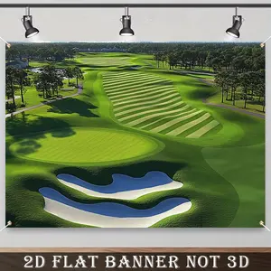2D Flat Banner, 1pc Polyester Golf Course Backdrop, Blue Sky and White Clouds with Bunker and Green Grass, Universal Fit for Classroom Decor, No Electricity Needed, Large Wall Hanging Banner, Party Decorations Banners