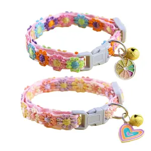 2 Pack Breakaway Cat Collars with Bell Heart Pendant Flowers Cute Kitty Kitten Collars Adjustable Rainbow Orange Collar for Female Girl Cats Male Boy Cats