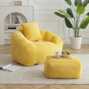 Bean Bag Chair with Footstool, Oversized Bean Bag for Adults, Faux Fur Shell-Shaped Large Chair, Stuffed Big Accent Sofa,  Floor Sofa for Gaming,Reading Living Room Bedroom