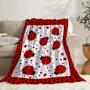 Playful Charm Reversible Red and Black Ladybug Polka Dot Throw Blanket - Soft Plush Contemporary Design with Flowers and Hearts, Perfect for Women's, Ideal for Sofa, Bed, and All Seasons, Sofa Throw Blanket Cute Bedroom Decor Decorative Throw, Blanket for